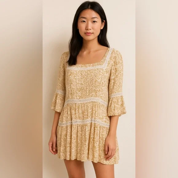 Free People Talk About It Tunic Ivory Gold Boho Floral Tiered Flowy Petite Small - Picture 3 of 7